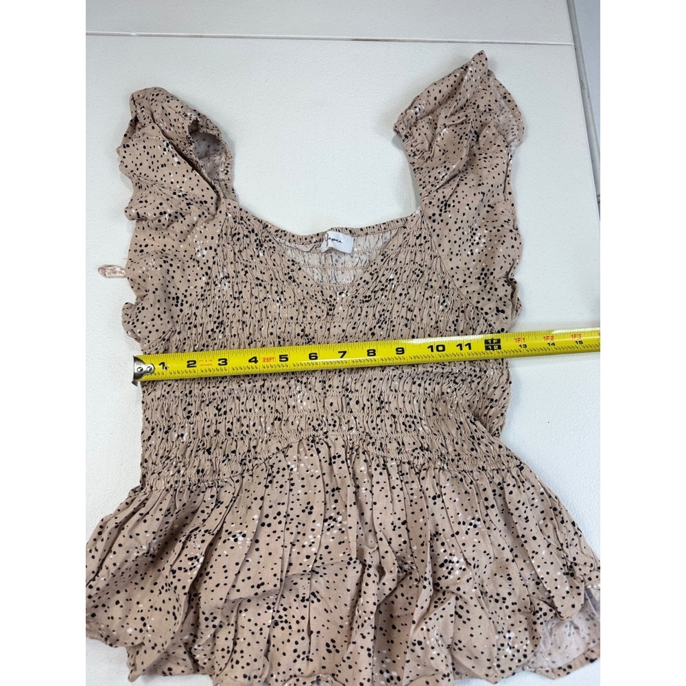 Japna Ruffled Sleeve Smocked Peplum Top, Beige and Black Polka Dot,‎ Square Neck - Picture 3 of 7